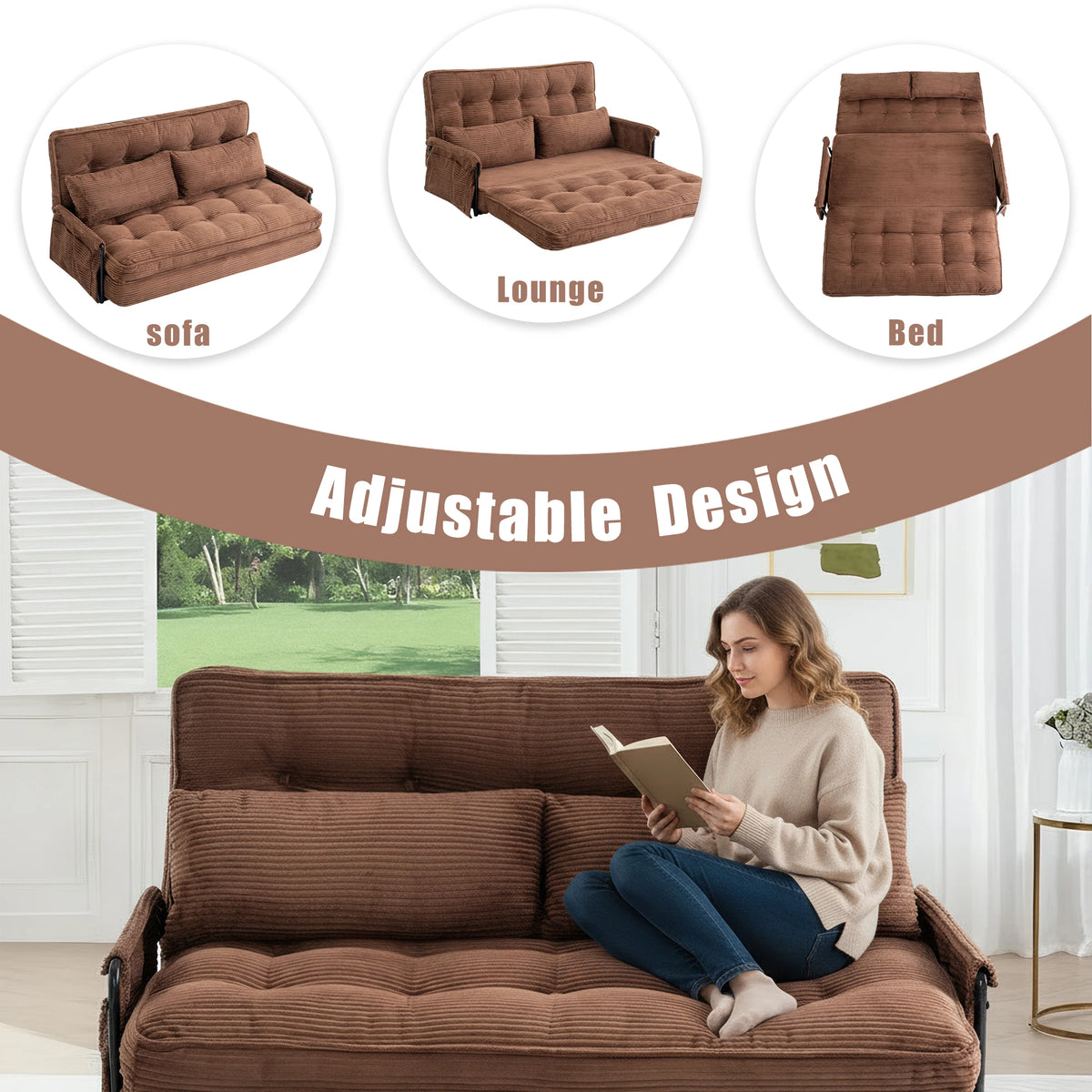Foldable Floor Lounge Sofa Bed, Double 5‑Position Adjustable Corduroy Couch with Armrest Side Pocket