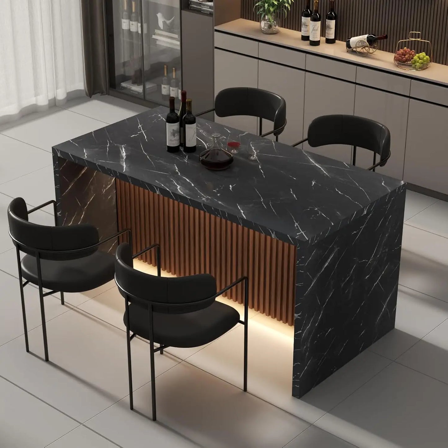 63" Large Imitation Marble Dining Table for 4-6 People with LED Lights