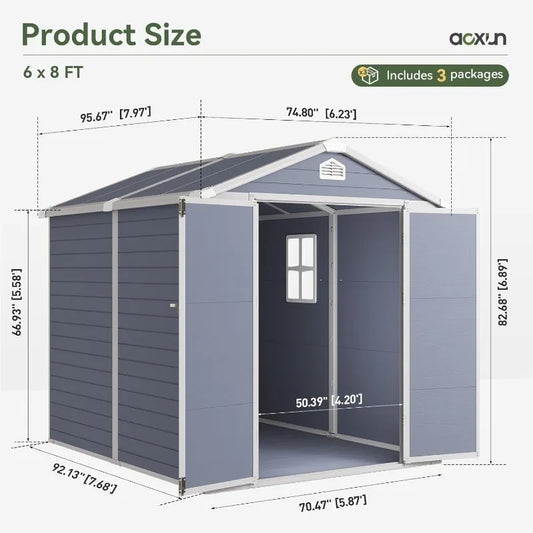 Aoxun 8 x 6 FT Outdoor Storage Shed with Window, Resin Shed with Floor & Lockable Doors, Garden Shed Waterproof Plastic Tool