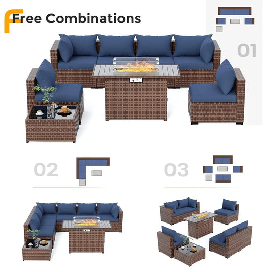 All-Weather Wicker Set with Fire Pit Table, 8 Piece Sectional Sofas,