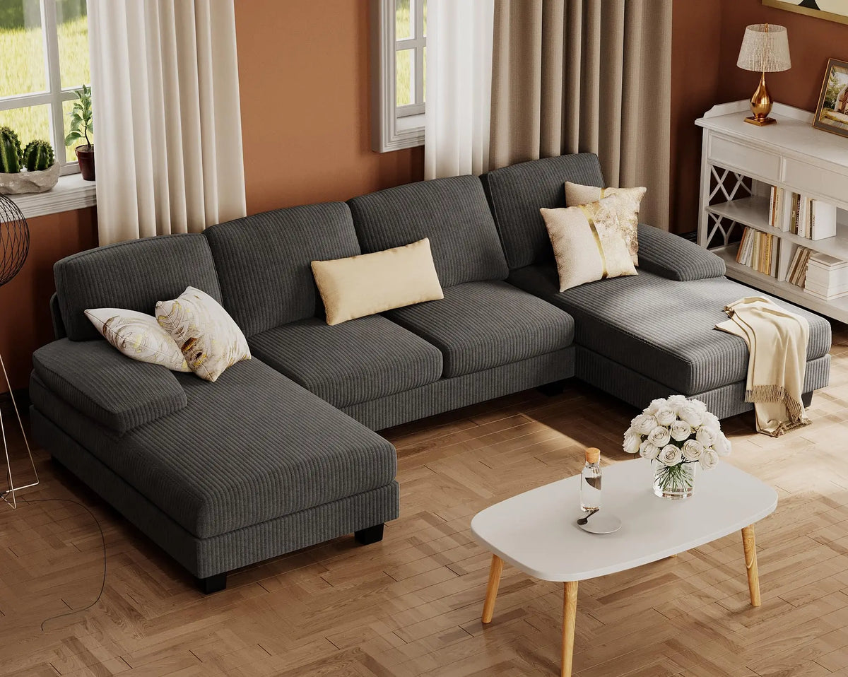 U-Shaped Sofa Couch with Linen Fabric, 4 Seat Sofa Set with Double Chaise
