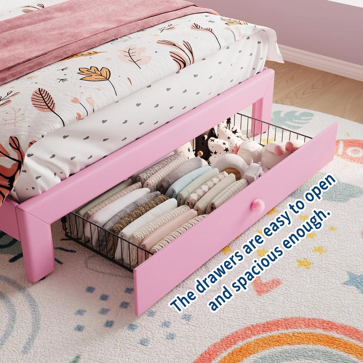 Twin XL Velvet Upholstered Platform Bed Frame With LED Headboard, Crystal Button Tufting, Storage Drawer, Noise Free, No Box Spring