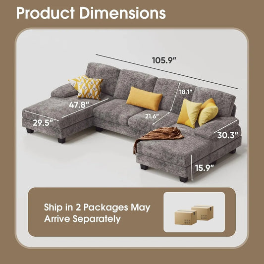 U-Shaped Sofa Couch with Linen Fabric, 4 Seat Sofa Set with Double Chaise