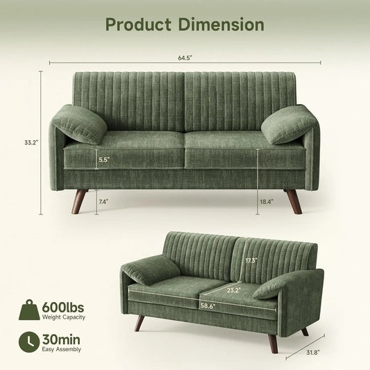 Modern Loveseat Sofa 64.5" for Small Space Living Room, Chenille Fabric 2-Seater Couch with High Legs(164cm), Comfy Small Apartment Sofa Green