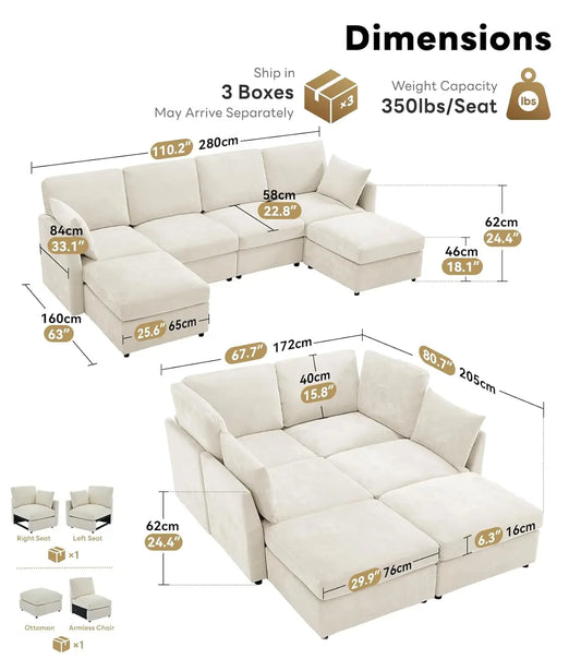 Modular Sectional Couch for Living Room, Spring Cushion Seating, Modern 6 Seater Convertible U Shaped Sofa with Ottoman, Beige |