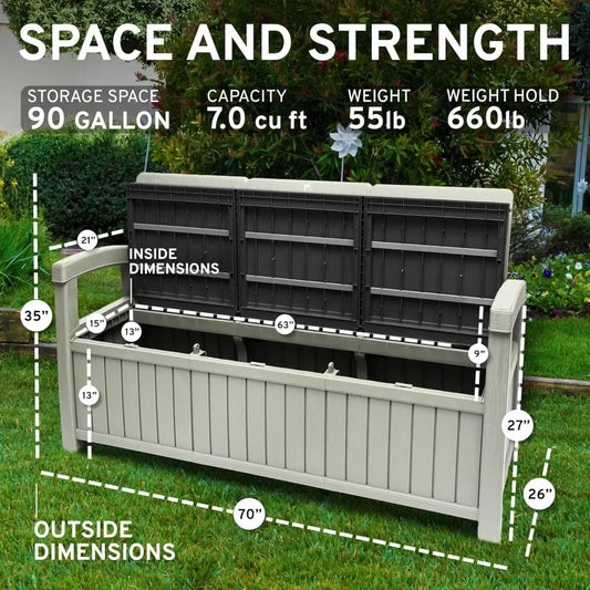3 Seat Outdoor Storage Bench - 90 Gallon Capacity - Weatherproof Resin Bench for Patio, Porch, Garden, Yard, Pool Area -