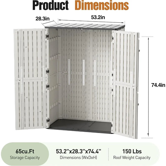 65 Cu.Ft Resin Outdoor Storage Shed with Floor, Weatherproof Plastic Vertical Cabinet for Garden