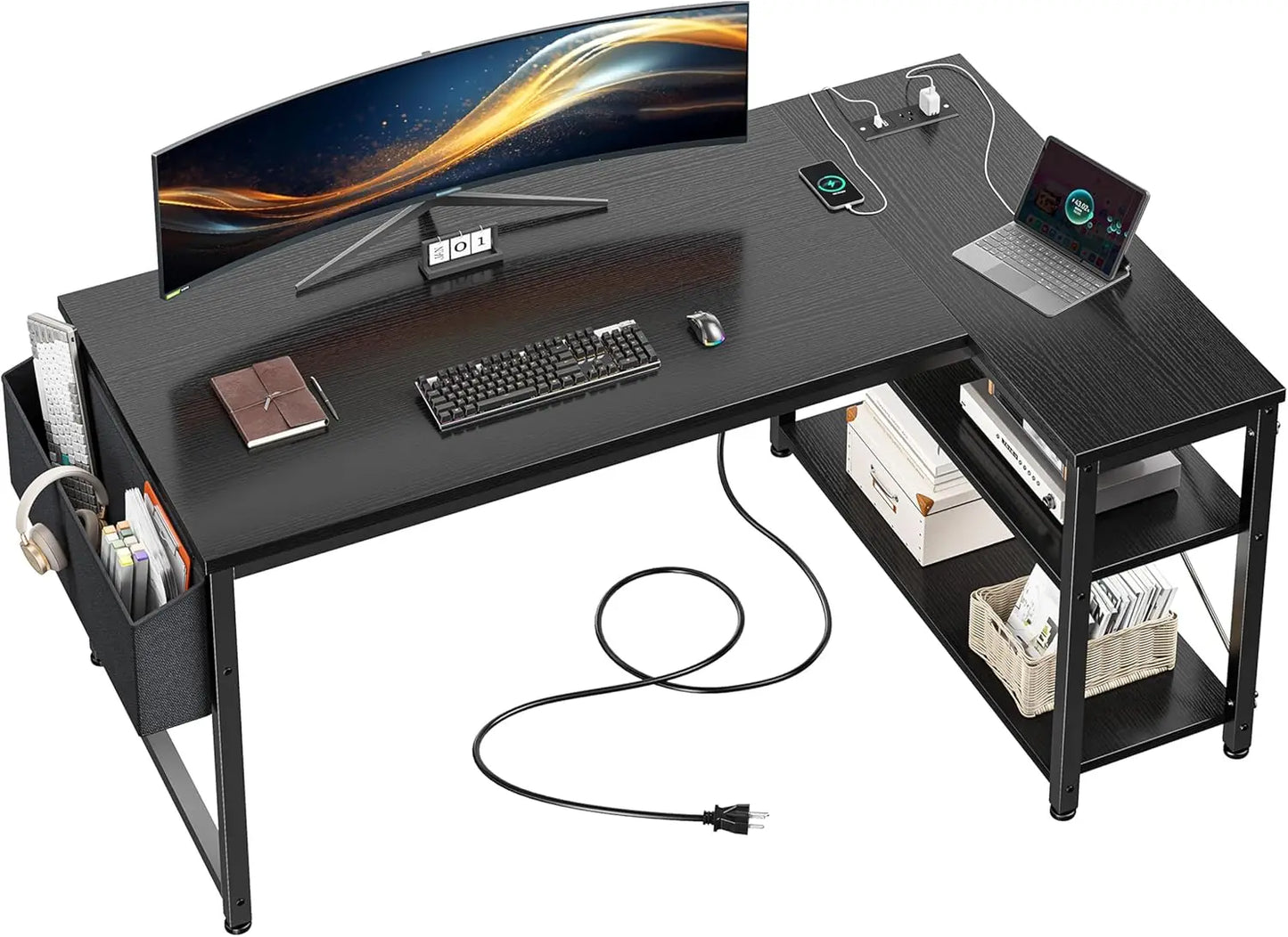 40" White L Shaped Corner Desk with Storage Shelves Side Power Outlets