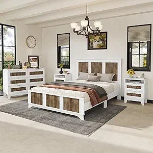4 Piece Queen Bedroom Set, Queen Size Platform Bed with 2 Nightstands and Dresser,