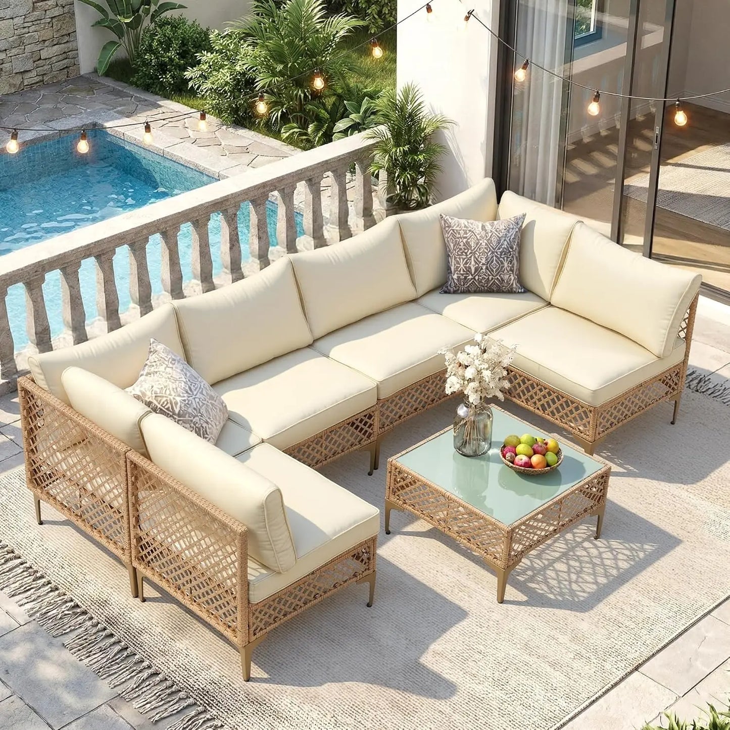7-Piece Wicker Patio Sectional Sofa with Cushions & Glass Coffee Table for Porch Garden Backyard