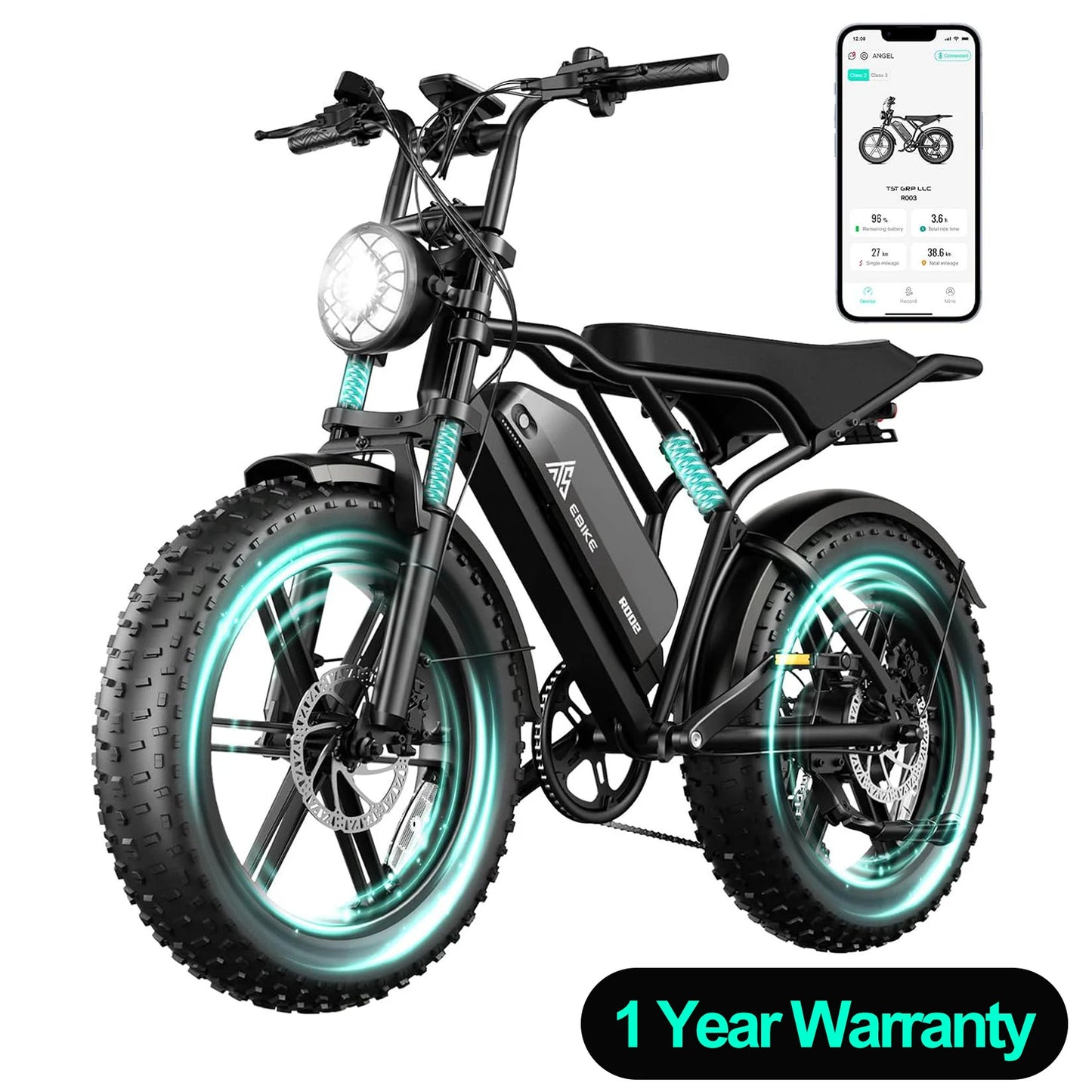 1500W e-bike, 20" fat tires, 60-100mile range, 28MPH, 48V 15Ah battery, for all terrains.