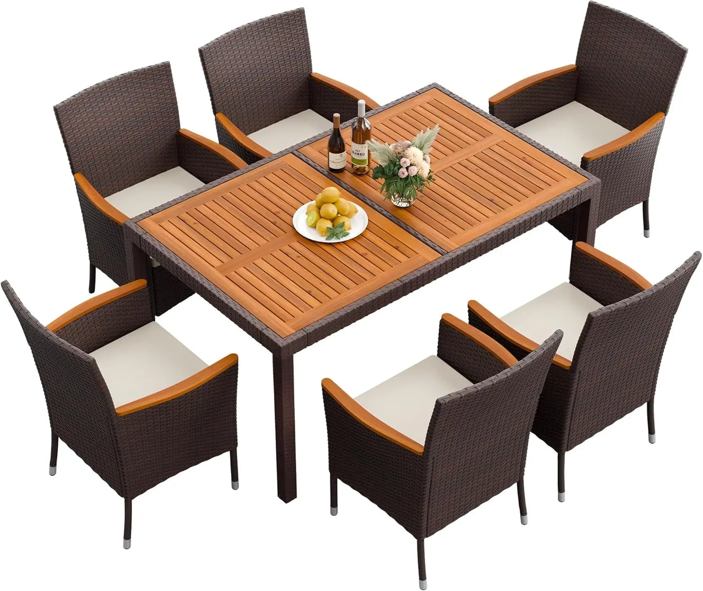7 Piece Acacia Wood Patio Dining Furniture Set, Wicker Chairs with Comfort Cushions
