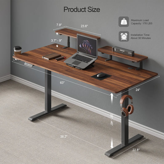 Electric Stand Up Desk with Memory Controller & Adjustable Height 2 Adjustable Monitor Shelves