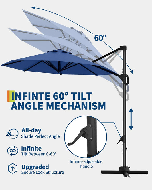 10FT Cantilever Patio Umbrella 360° Rotation & Tilt Adjustment