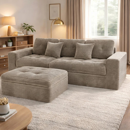 105 Inch Modular Cloud Sofa Set, DIY Convertible Sectional Couch with Movable Ottoman, Pure High Density Foam Cushion, Plush Faux Rabbit Fur Velvet Upholstered Deep Seat Sofa for Modern Living Room Apartment Small Space Famil
