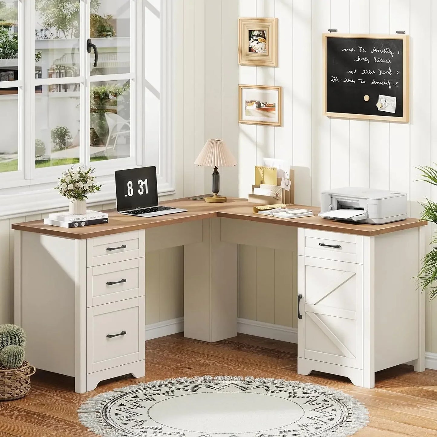 59” L Shaped Home Office Desk with Flie Drawer,Stroage Cabinet, Wood Corner Sturdy with Power Outlets