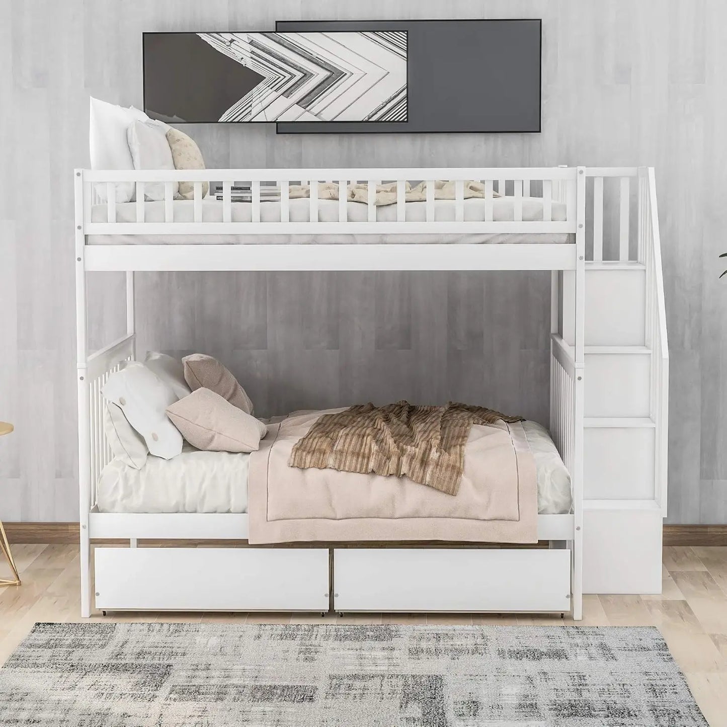 Full Over Full Bunk Bed with Drawers Stairs Storage Shelves Wood Frame for Kids Teens Adults Bedroom Furniture, Customized