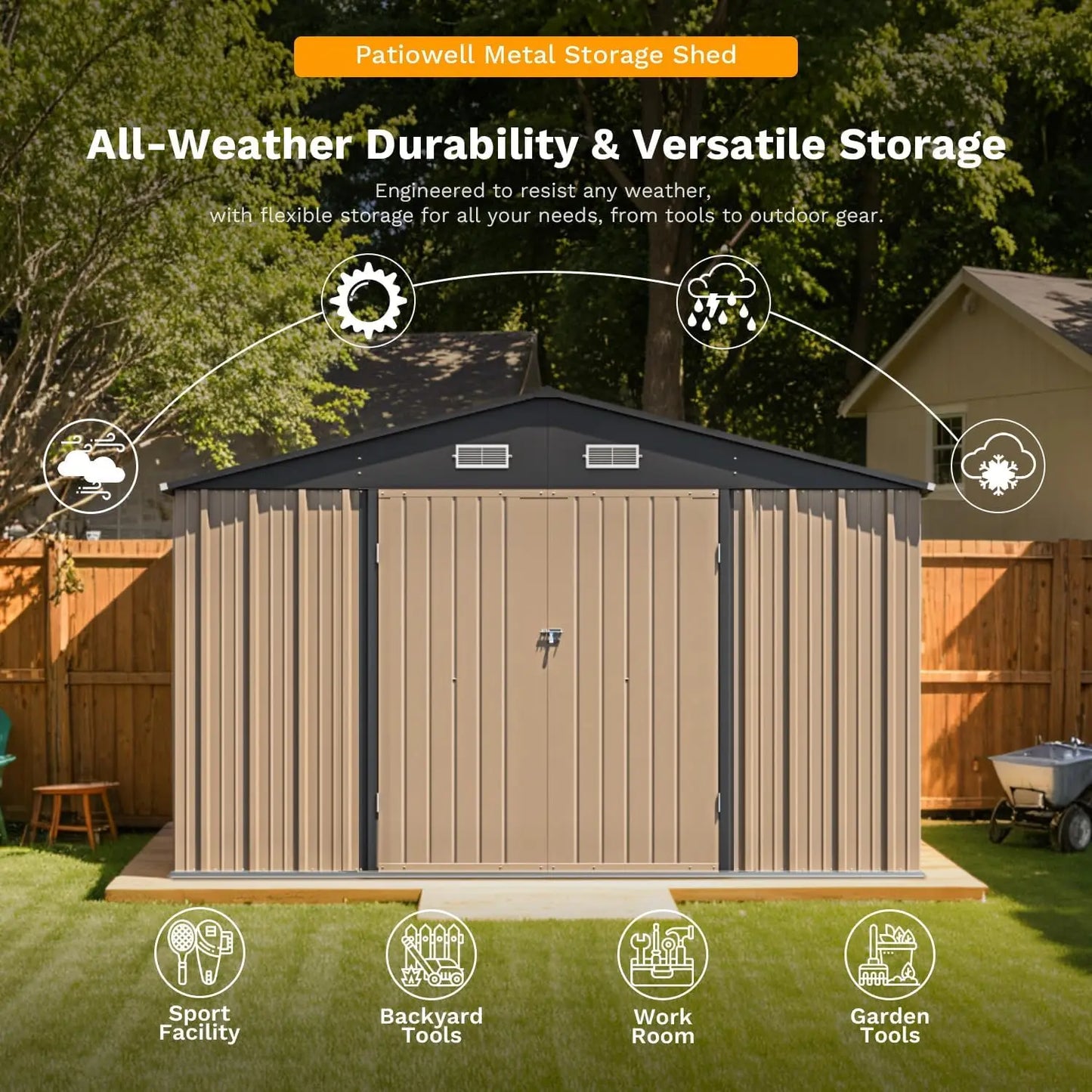 10 x 12 FT Outdoor Storage Shed, Large Metal Shed Storage with Lockable Doors and Steel Frame,
