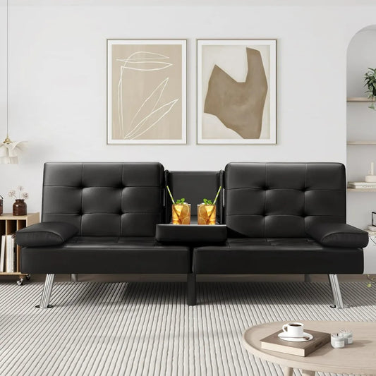 Futon Sofa Bed Faux Leather Couch for Living Room with 2 Cup Holders and Armrest