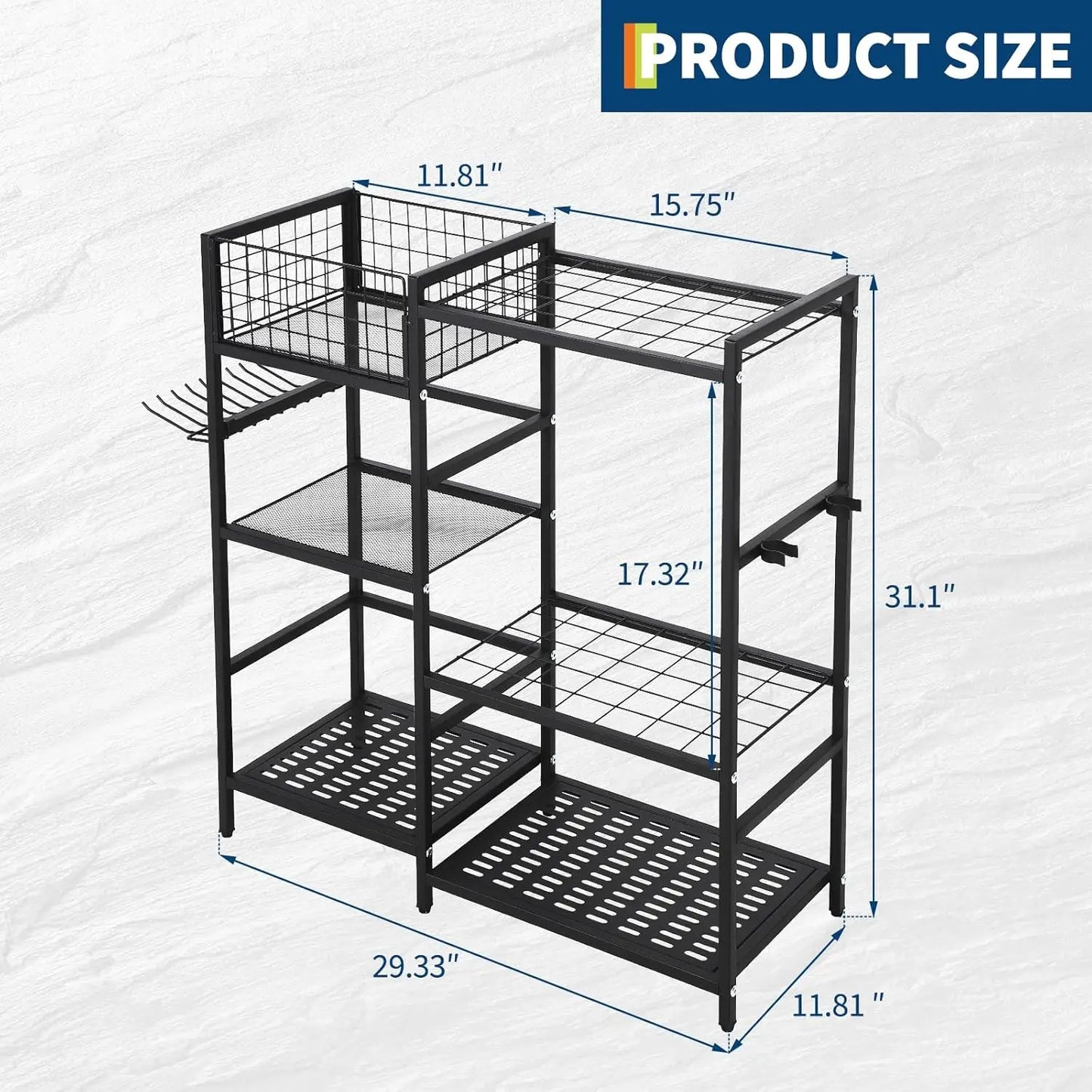 Heavy Duty 3 Tier Garden Tool Organizer With 35 Long Handled Slots Basket And Hooks for Garage or Yard