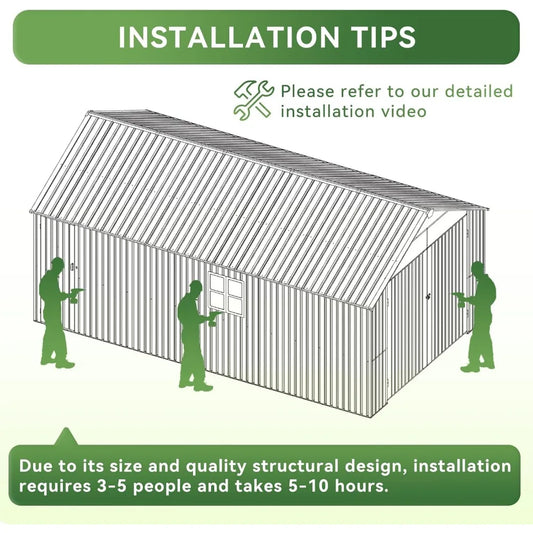 Large 12x20x9.3 FT Metal Storage Shed with Double Doors, Side Door & Windows, Heavy Duty All-Weather Outdoor Garden