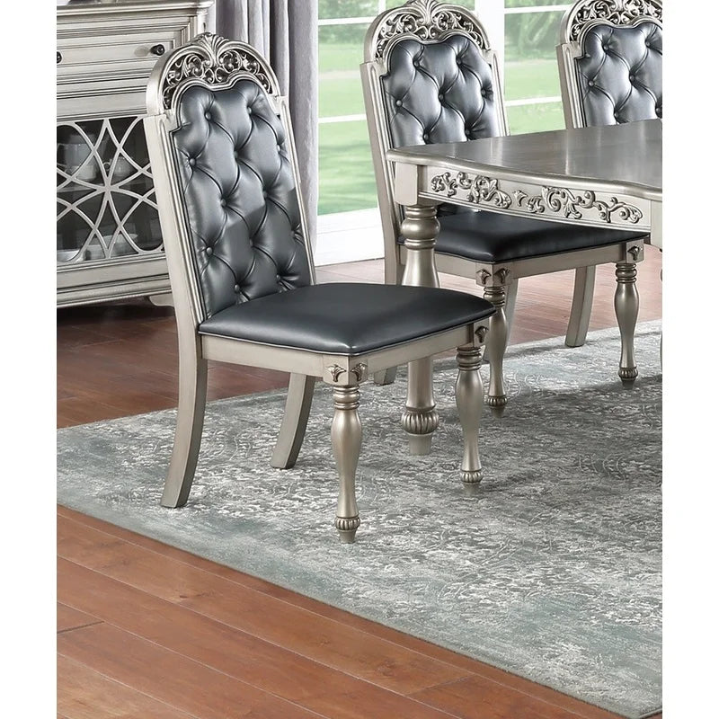 Formal Silver Grey 7-Piece Dining Set with 6 Side Chairs, Intricate Carved Design, Tufted Back and Cushioned Seats