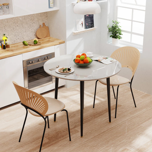 32" Round Stone Dining Table for 2-4 Person - Small Kitchen Table with Black Metal Legs