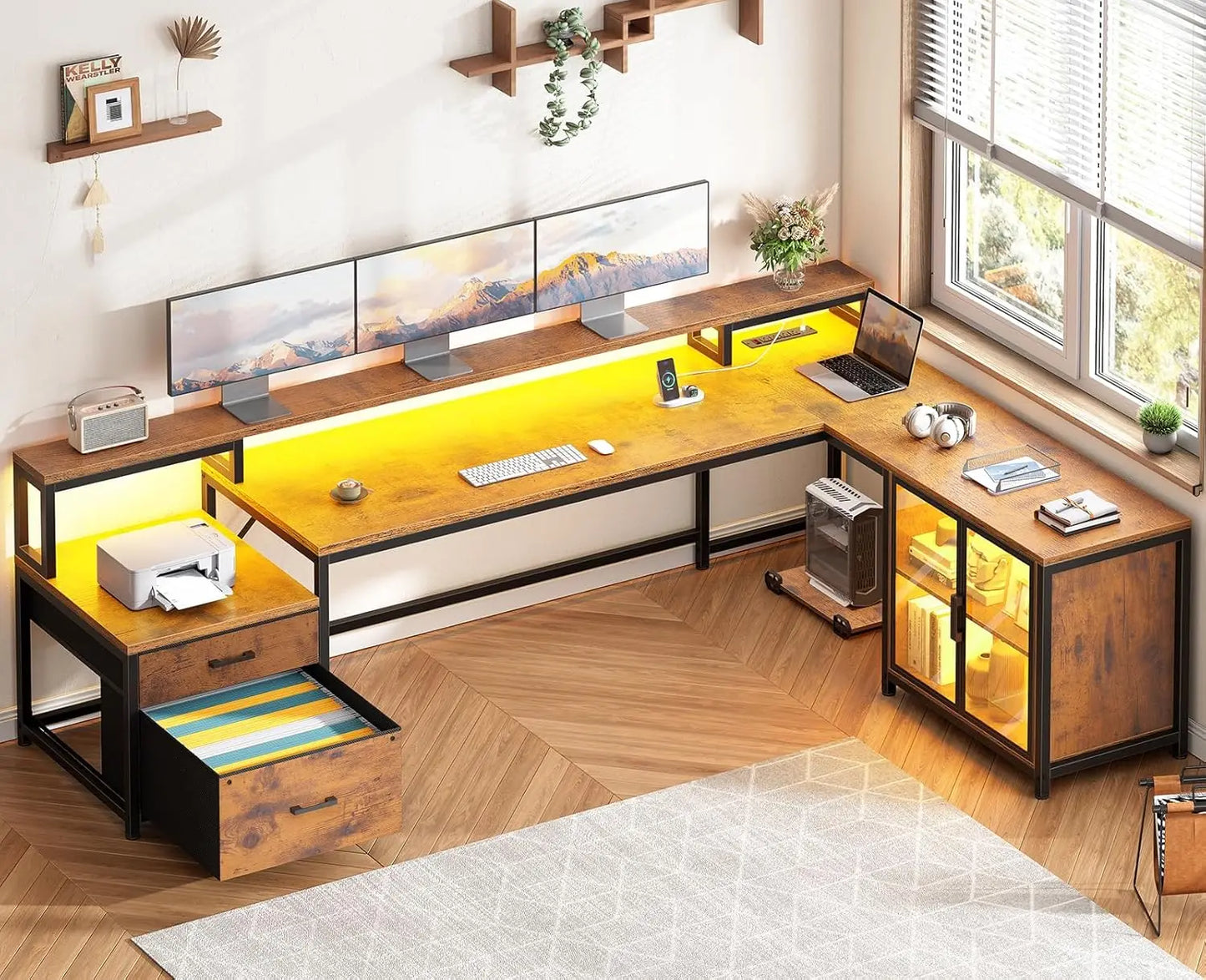 Large Computer Desk with Drawers and Power Outlet & LED Light,