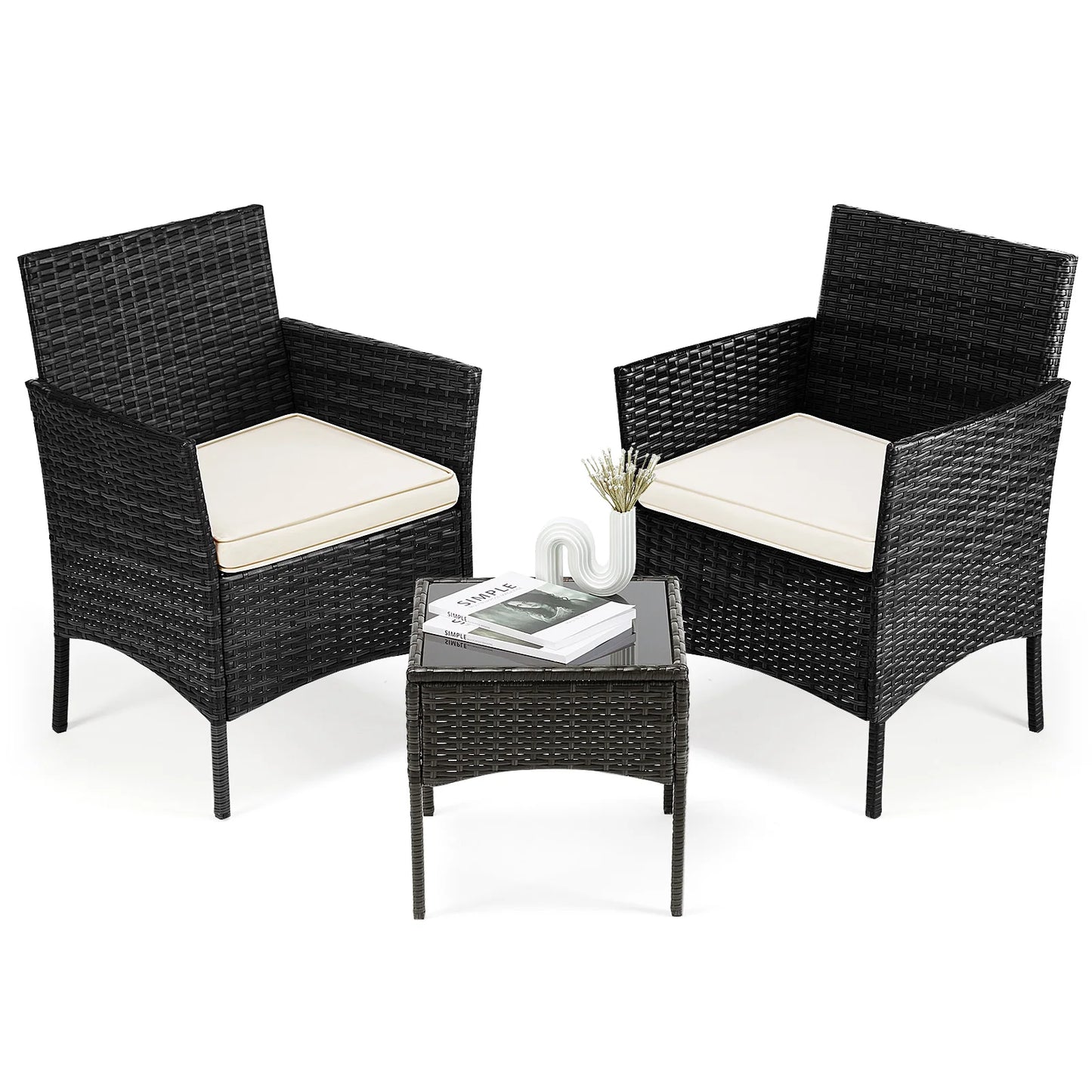 3 Piece Outdoor Patio Furniture Set Wicker Rattan Patio Chairs with Soft Cushion and Glass Table For Garden
