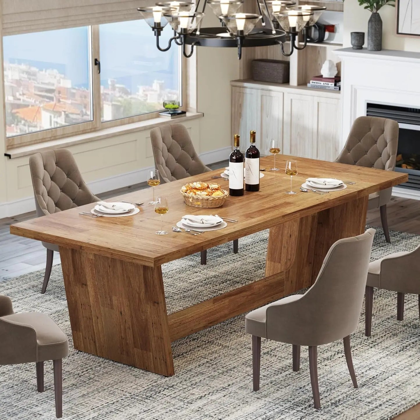 Rectangular Rustic Long Farmhouse Kitchen Table with Solid Pedestal for Big Family
