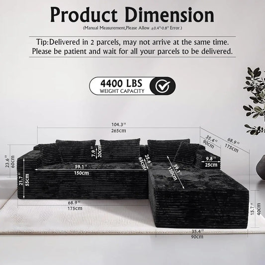Black Corduroy Couch for Living Room ,104" Cloud Sectional Couch with L-Shape Chaise, Modern, Customized