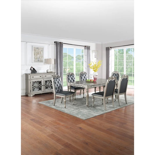 Formal Silver Grey 7-Piece Dining Set with 6 Side Chairs, Intricate Carved Design, Tufted Back and Cushioned Seats