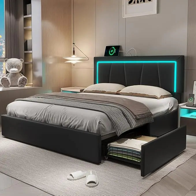 Queen Size Platform Bed with Artificial Leather Headboard with 4 Storage Drawers Underneath