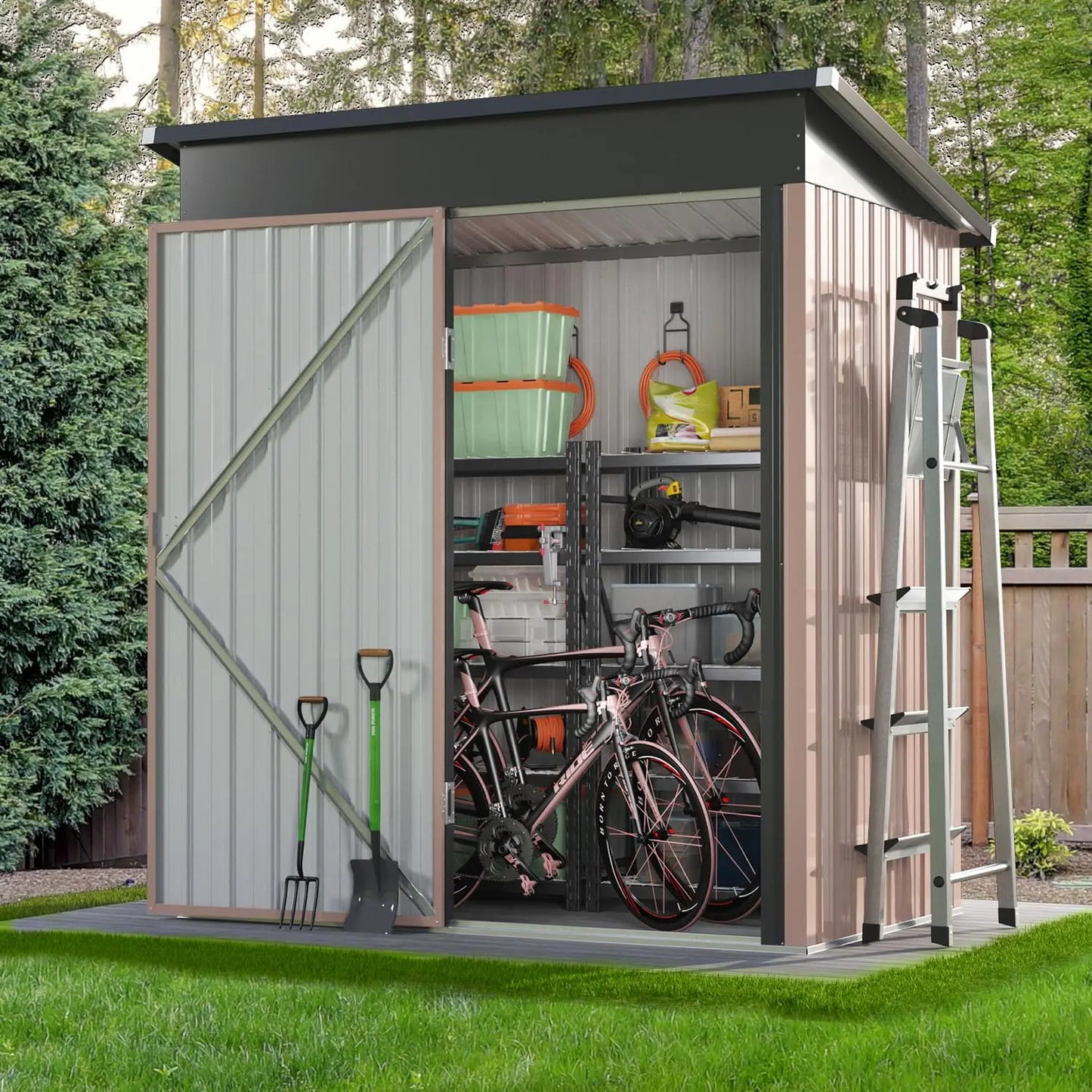 7.5'x4' Lockable Door Metal Storage Cabinet with Slopping Roof for Tools