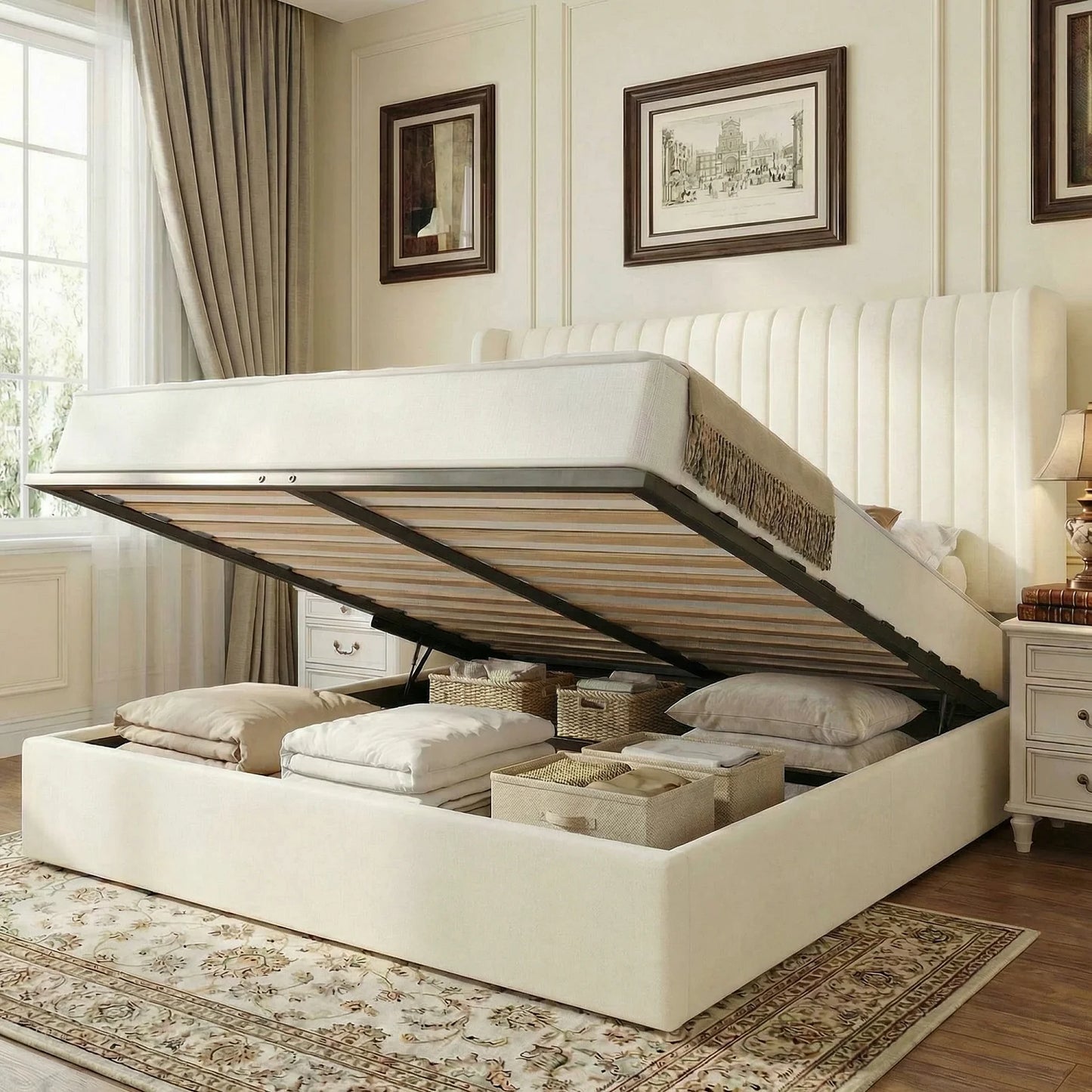 Full/Queen/King Lift Up Storage Bed Frame, Hydraulic Support System, Upholstered Platform Bed Frame, Underneath Storage,