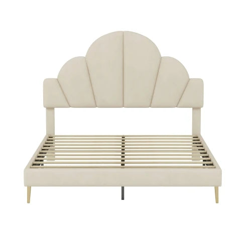 3 Piece Bedroom Set, Queen Size Modern Velvet Upholstered Bed Frame with Petal Shape Headboard, 3 Drawers Nightstands, Beige