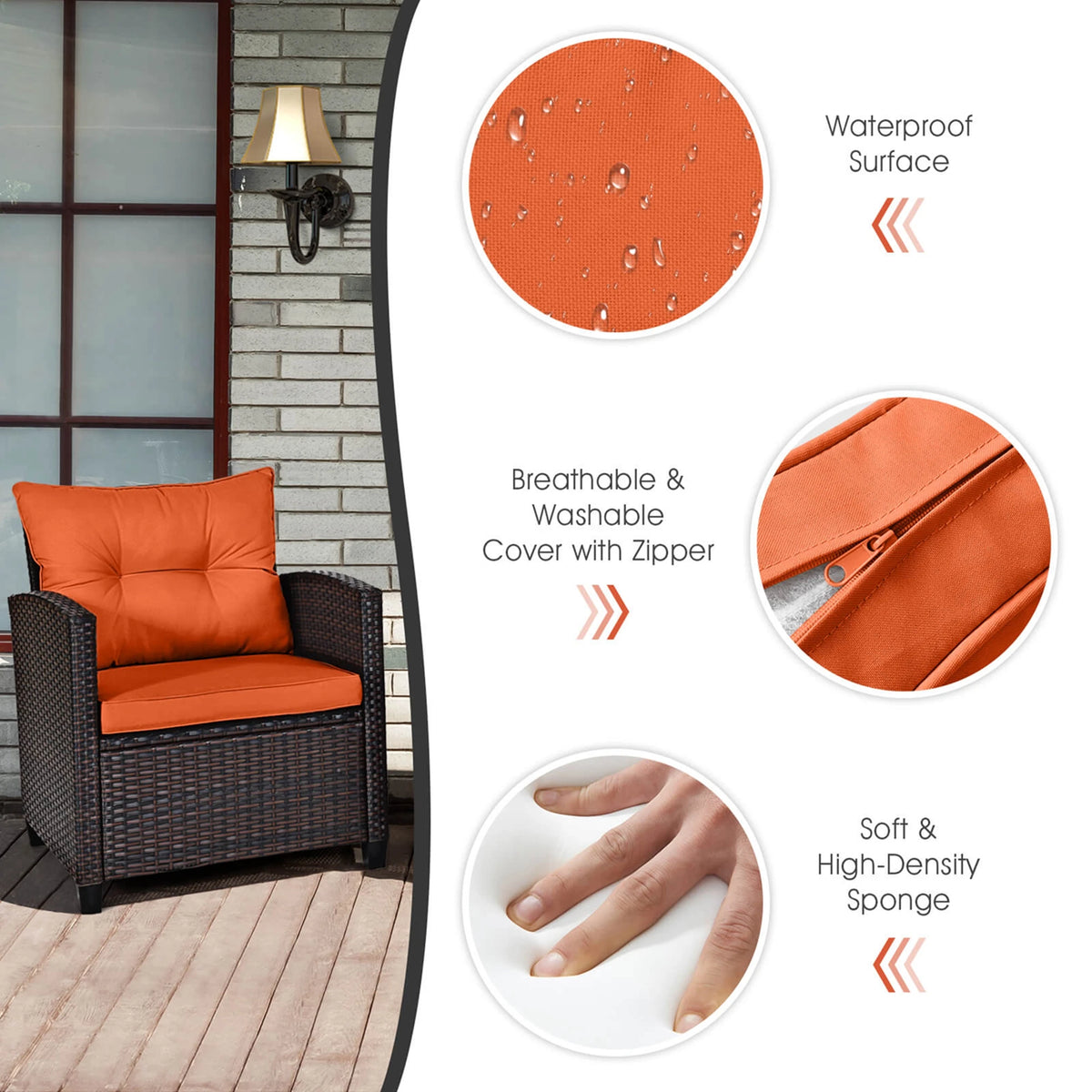 3 PCS Patio Rattan Furniture Set Cushioned Set Orange