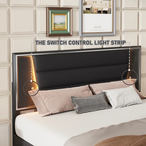 3-Piece Bedroom Set Queen Size Upholstered Bed with LED Lights, Nightstands and Dresser , Black /white