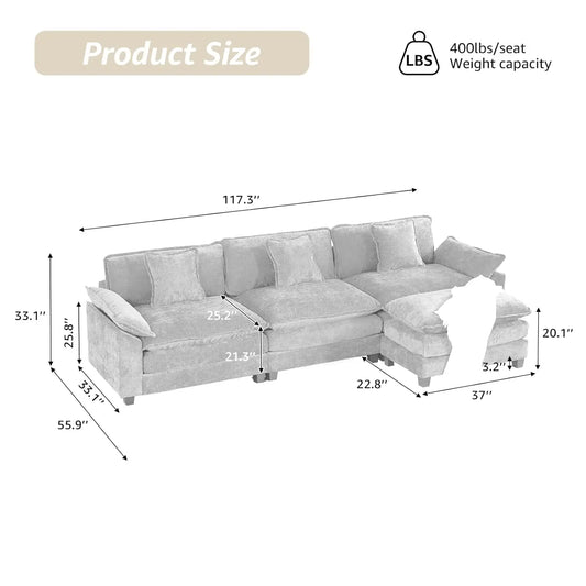 117.9" Modern Sectional Couches for Living Room, Blue Chenille Comfy Cloud Couch