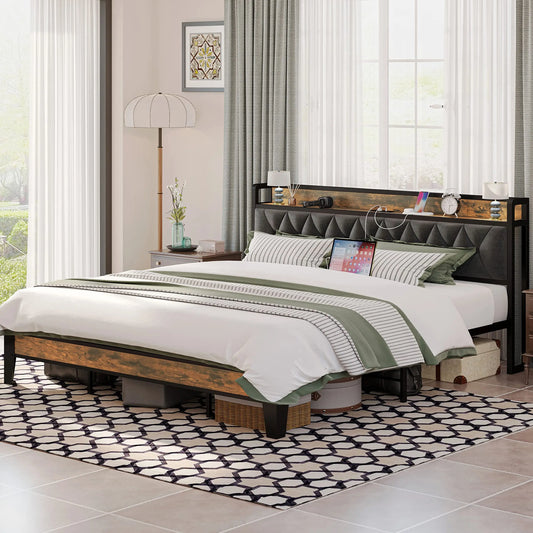 Twin/TwinXL/Full/Queen/King/California King Bed Frames, Storage Headboard with Outlets, No Box Springs Needed