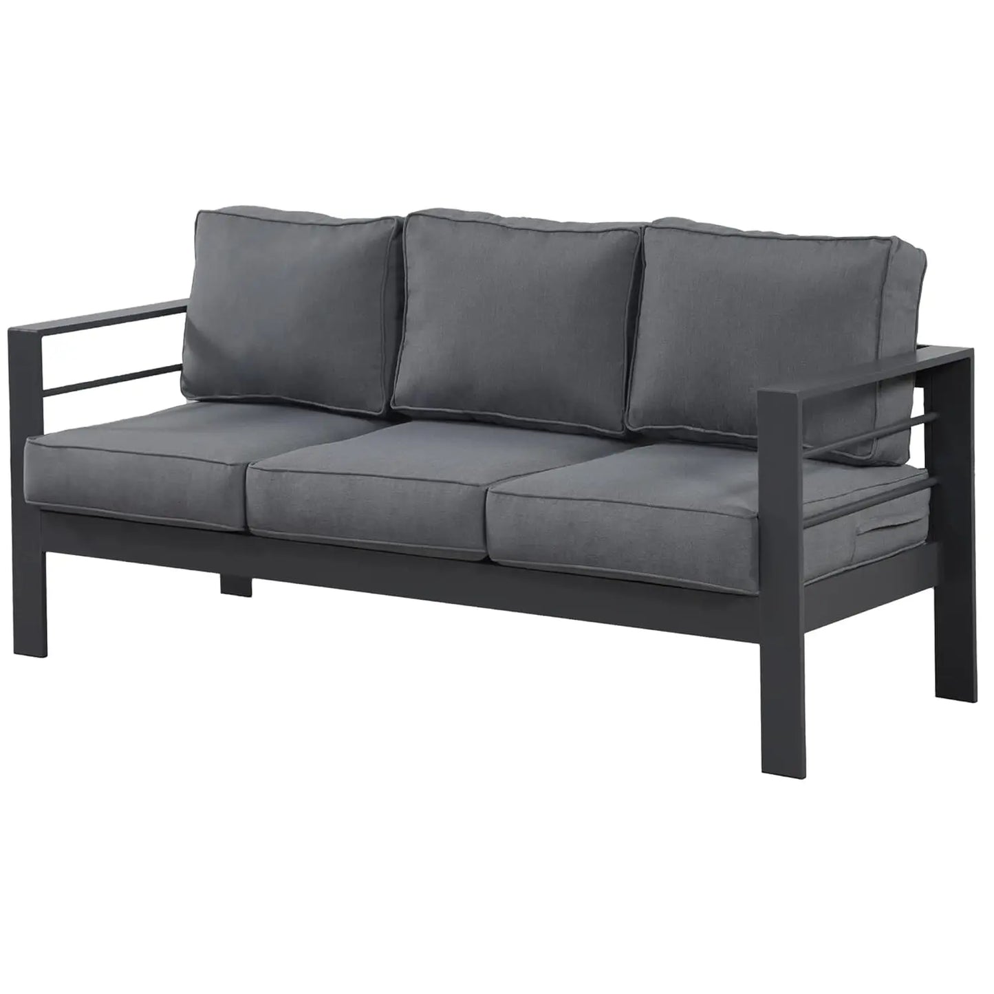 All-Weather Outdoor 3 Seats Couch, Black Metal Chair with Light Grey Cushions