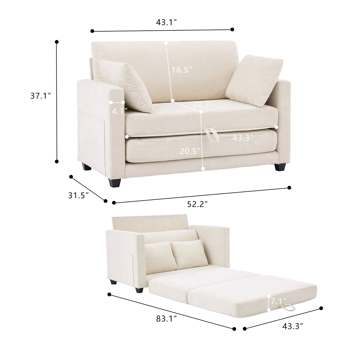 Beige Small Space 2‑in‑1 Loveseat Sleeper Sofa, Pull‑Out Fabric Sofa Bed, Vacuum Compressed No Assembly Couch with Sturdy Solid Wood Frame