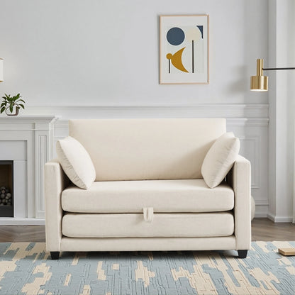Beige Small Space 2‑in‑1 Loveseat Sleeper Sofa, Pull‑Out Fabric Sofa Bed, Vacuum Compressed No Assembly Couch with Sturdy Solid Wood Frame