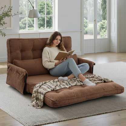 Foldable Floor Lounge Sofa Bed, Double 5‑Position Adjustable Corduroy Couch with Armrest Side Pocket