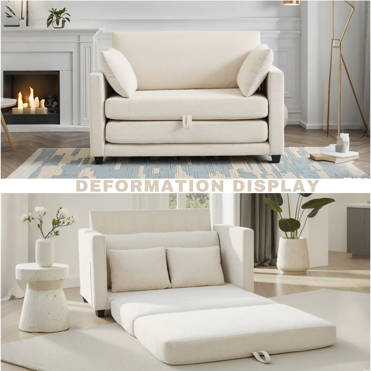 Beige Small Space 2‑in‑1 Loveseat Sleeper Sofa, Pull‑Out Fabric Sofa Bed, Vacuum Compressed No Assembly Couch with Sturdy Solid Wood Frame