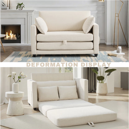 Beige Small Space 2‑in‑1 Loveseat Sleeper Sofa, Pull‑Out Fabric Sofa Bed, Vacuum Compressed No Assembly Couch with Sturdy Solid Wood Frame