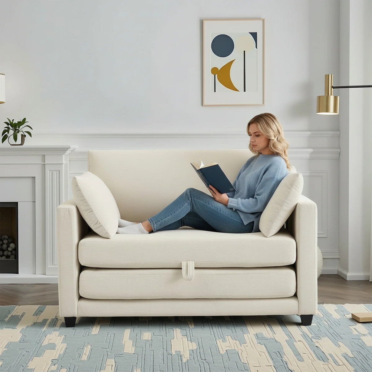 Beige Small Space 2‑in‑1 Loveseat Sleeper Sofa, Pull‑Out Fabric Sofa Bed, Vacuum Compressed No Assembly Couch with Sturdy Solid Wood Frame