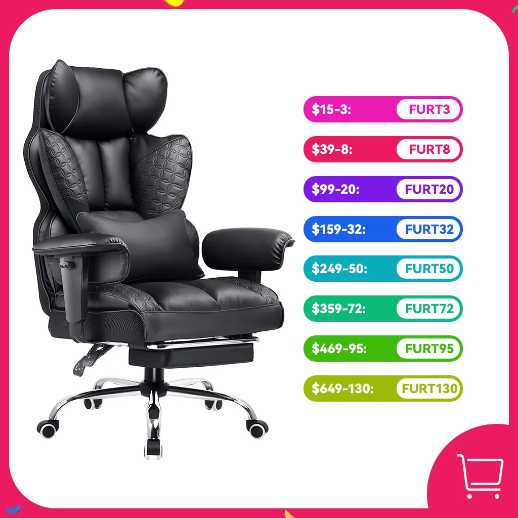 Ergonomic Leather High Back Office Chair Gaming Chair with Footrest, Adjustable Armrests