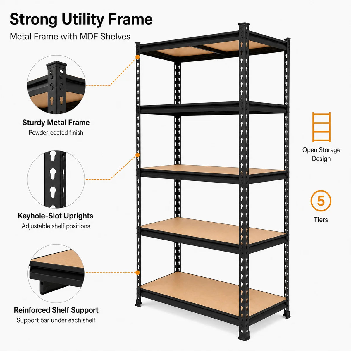 Heavy Duty Adjustable  5-Tier Metal Shelving Unit with MDF Shelves,