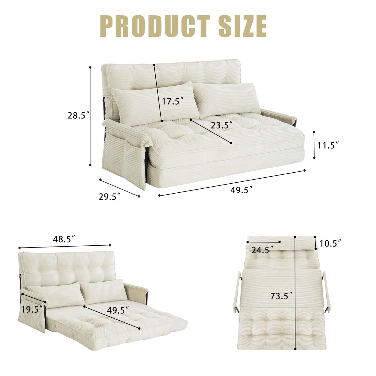 Beige Corduroy Foldable Floor Sofa, 5‑Position Adjustable Double Sleeper Couch with Side Pocket for Bedroom Reading
